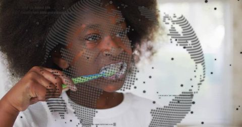 Young Girl Brushing Teeth with Global Connection Overlay