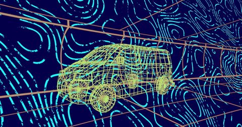 Digital Wireframe Model of Truck with Abstract Electric Waves