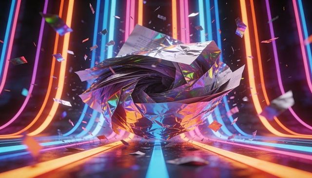 Hovering iridescent foil vortex in neon corridor with floating shards