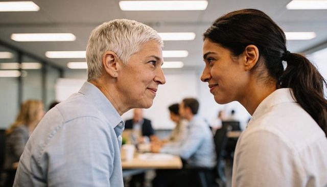 Intergenerational colleagues exchanging ideas face-to-face in modern corporate meeting