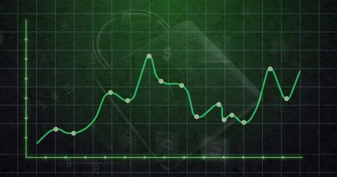 Neon green biometric line chart rising and dipping on futuristic grid dashboard