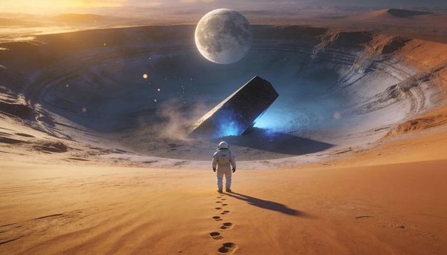 Astronaut Approaching Glowing Monolith in Desert Crater at Dusk