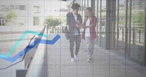 Two men walking and checking smartphone with rising finance charts overlaying urban walkway
