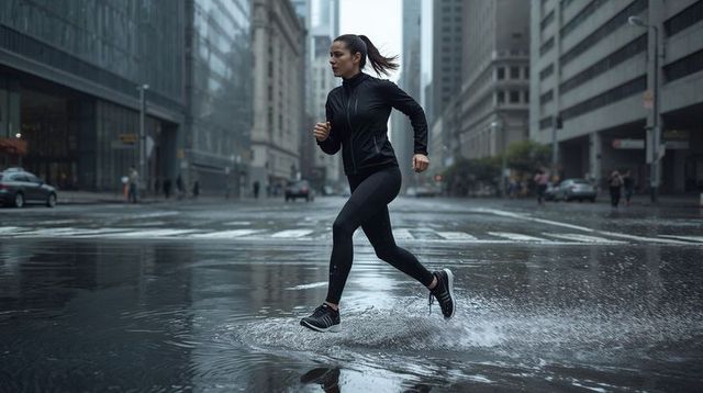 Female Runner Sprinting Through Rain-Slicked Downtown Crosswalk Splashing Water