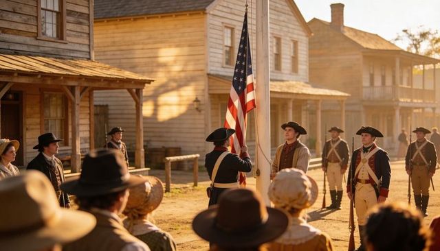 Revolutionary soldiers raising american flag in colonial frontier town morning ceremony