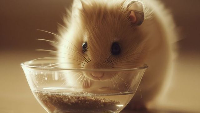 Golden-furred hamster drinking from glass bowl close-up warm studio portrait