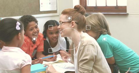 Diverse students engaging with teacher in interactive classroom