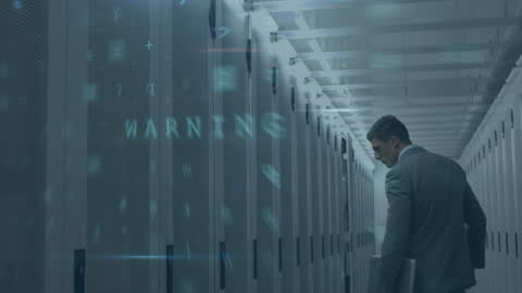 Businessman in Server Room with Cybersecurity Projection