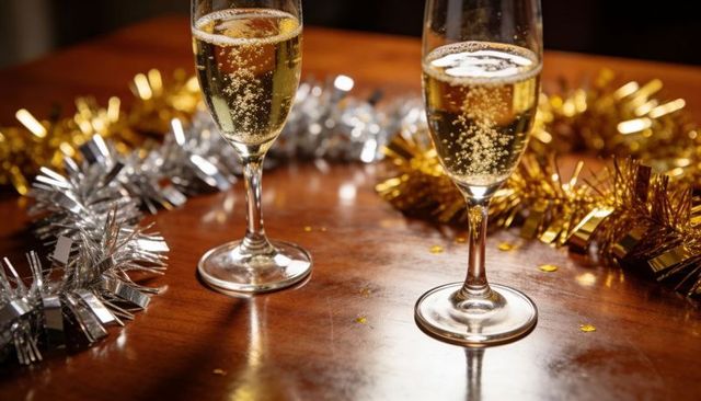 Two champagne flutes with rising bubbles and gold silver tinsel on warm wooden table glow
