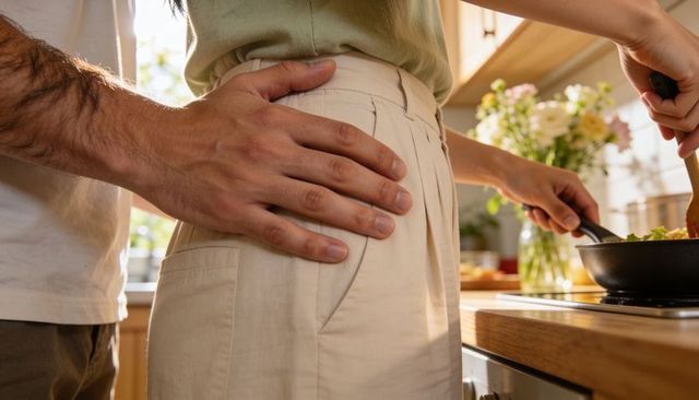 Couple cooking together with gentle touch in sunlit kitchen, flowers on counter