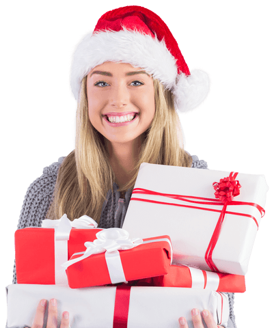 Festive Blonde in Santa Hat Holding Gifts on Transparent Background