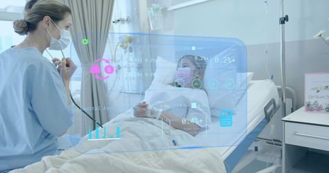 Pediatric doctor examining child patient in hospital bed with digital health data overlay