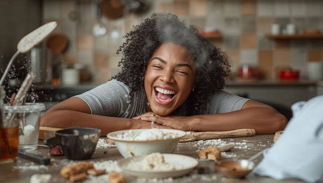 Laughing black woman leaning on flour-dusted counter baking playful homemade dough