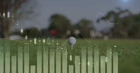 Golf ball and tee with financial chart overlay on fairway