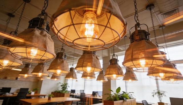 Amber industrial pendant lights lighting modern coworking space with planters
