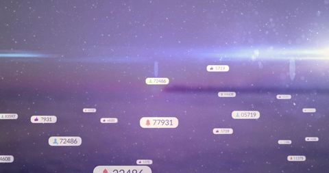 Floating Social Media Notification Badges with Metrics and Lens Flare on Purple Gradient
