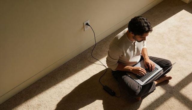 Barefoot man working on laptop in sunlit minimalist room, remote work and focus lifestyle