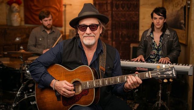 Seasoned guitarist in fedora and shades playing acoustic guitar during cozy trio rehearsal