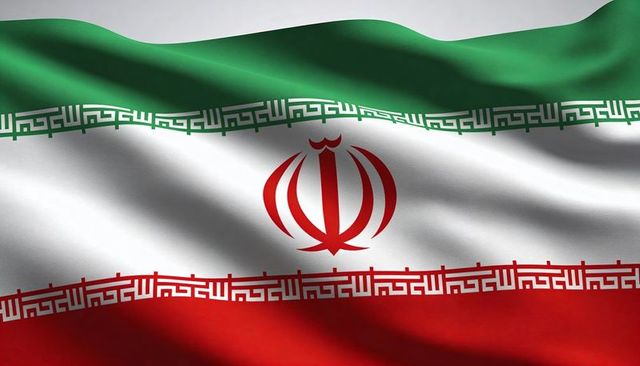 Waving iranian flag with central emblem and kufic script border filling frame