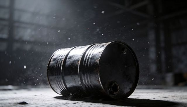 Derelict industrial oil drum lying on concrete floor corroded metal barrel catching light