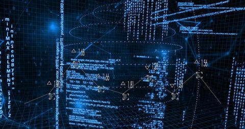 3D Wireframe Head Visualizing Code Streams and Numeric Tags on Futuristic Cyber Grid