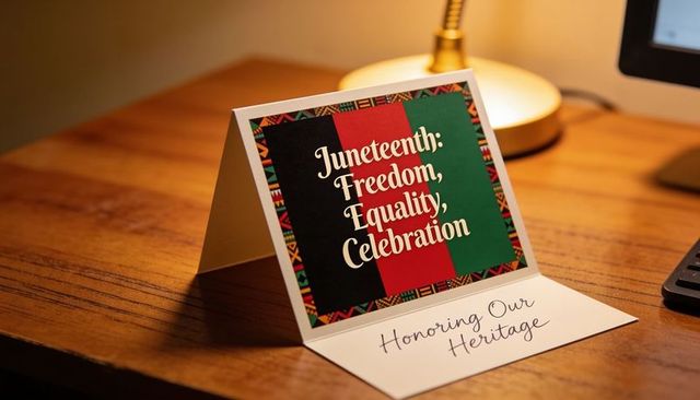 Juneteenth tabletop tent card honoring heritage with kente border and warm desk lighting
