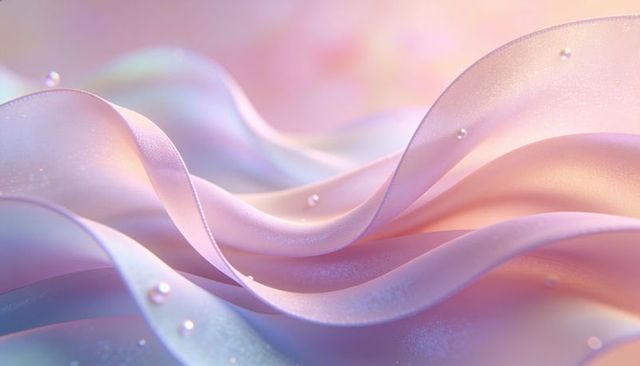 Flowing iridescent silk ribbons with pearl shimmer and delicate beads in pastel macro