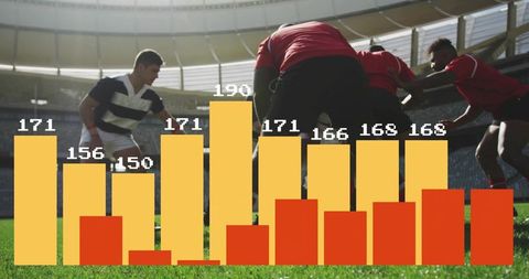 Rugby players scrumming in stadium displaying performance bar chart overlay and stats