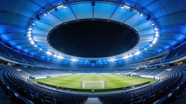 Floodlights illuminating modern circular stadium and empty football pitch at night