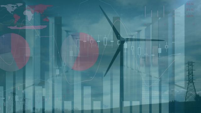 Visual depicting financial growth linked with renewable energy sources, specifically wind turbines. Graphs and charts overlaid on video can be used in articles related to finance, stock market trends in renewable energy sectors, corporate sustainable growth, and ecological investments. Suitable for presentations, business reports, and educational material on economic impacts of sustainable energy.