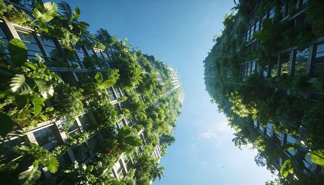 Soaring vertical gardens: sunlit green towers with living facades and balconies, biophilic design