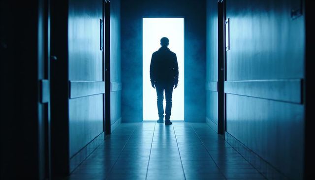 Silhouette man standing in backlit corridor with bright doorway and blue haze