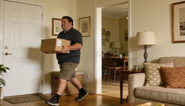 Delivering package: middle-aged man carrying box into cozy living room
