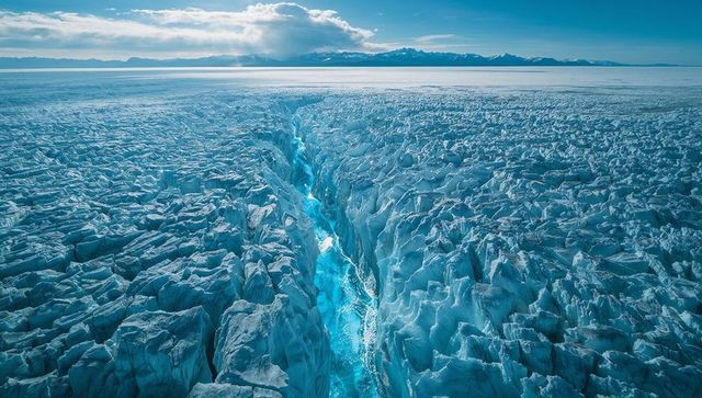Aerial revealing central crevasse slicing glacier exposing turquoise meltwater arctic ice