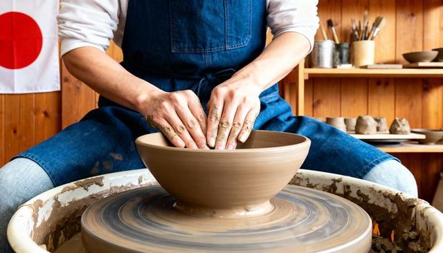 Shaping clay on potter's wheel in wood studio wearing denim apron, hands centering bowl