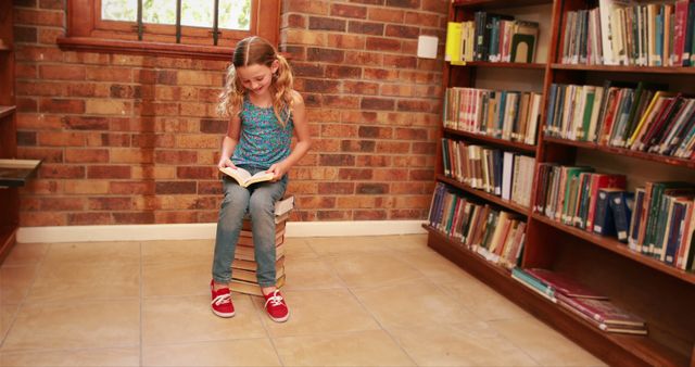 A young girl is reading a book in a cozy library with brick walls. She is sitting on a stack of books and appears to be deeply engrossed in her reading. Bookshelves filled with books surround the scene, creating a studious and educational atmosphere. Perfect for use in educational content, literacy campaigns, and promoting children’s literature.