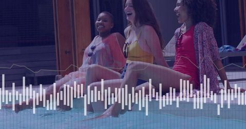 Diverse Women Enjoying Poolside Leisure, Audio Wave Form Overlay