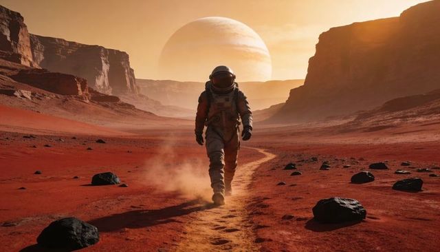 Astronaut walking along red canyon trail leaving footprints under towering gas giant and alien sky