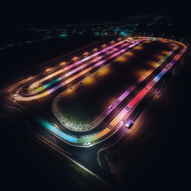 Aerial view of a neon-lit go-kart track at night, showcasing vibrant and colorful illumination, perfect for depicting nighttime leisure activities or promoting racetracks and recreational venues that offer night-time fun and excitement.