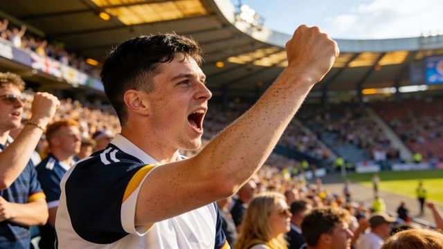Freckled male fan cheering and raising fist in sunlit stadium crowd, matchday passion