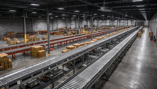 Long automated roller conveyors transporting parcels through modern distribution warehouse