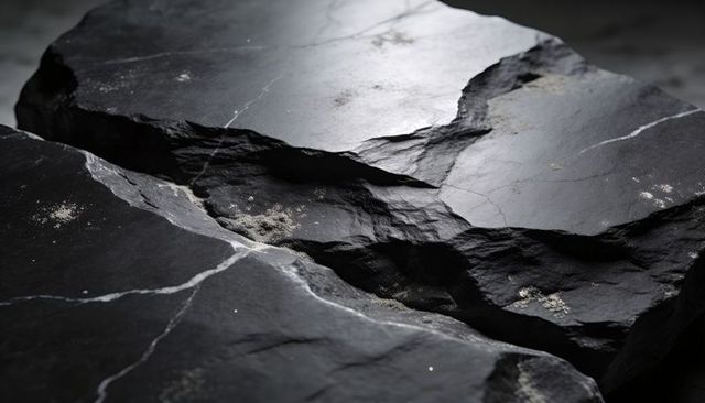 Dark slate slabs with pale veins and mica flecks showing layered mineral texture macro