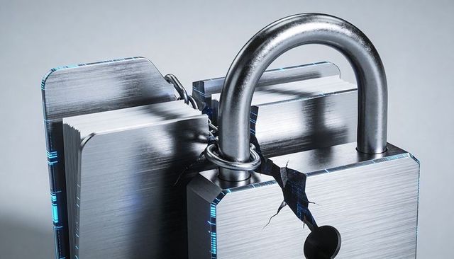 Brushed-steel padlock showing jagged security breach with glowing keyhole leds