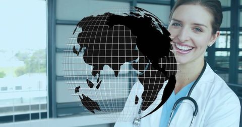 Smiling female doctor presenting digital globe for global healthcare and telemedicine