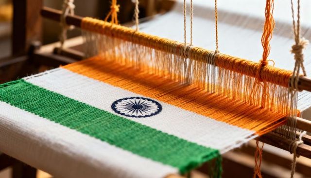 Handloom weaving indian tricolor flag textile with ashoka chakra on wooden loom