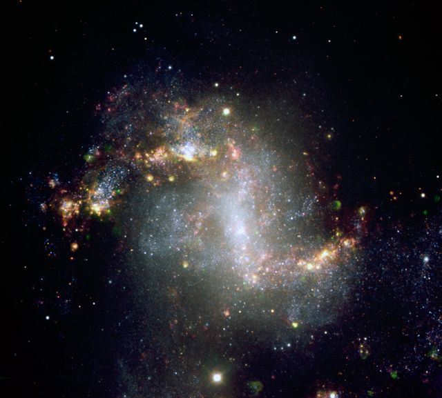 This detailed view captures the central region of galaxy NGC1313, showcasing the ultraluminous X-ray source NCG1313X-1. Ideal for scientific articles and educational materials related to space and astronomy, the image provides a glimpse into the cosmos, emphasizing the celestial beauty and complexity of our universe. Useful for projects on black hole research, galaxy composition, and interstellar objects.