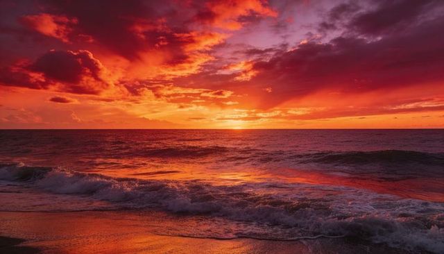 Vibrant crimson sunset over ocean, glowing sun sinking at horizon and waves lapping shore