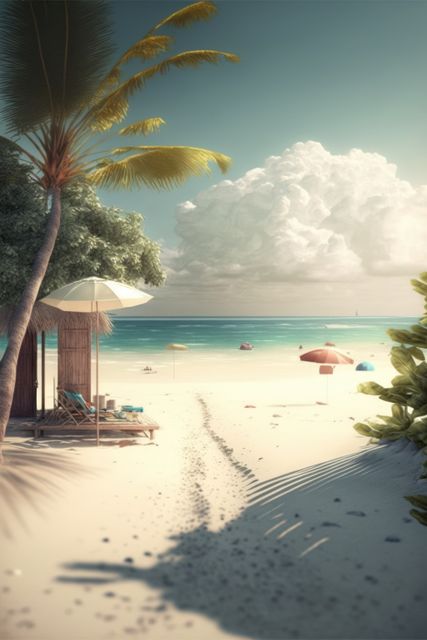 Sunny Tropical Beach with Palm Tree and Umbrella - Download Free Stock Images Pikwizard.com