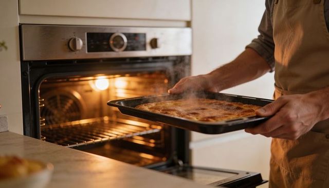 Home cook pulling steaming casserole from built-in stainless oven, cozy kitchen baking scene