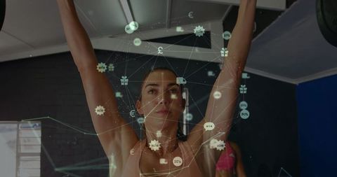 Woman Lifting Barbell with Futuristic Network Overlay in Gym
